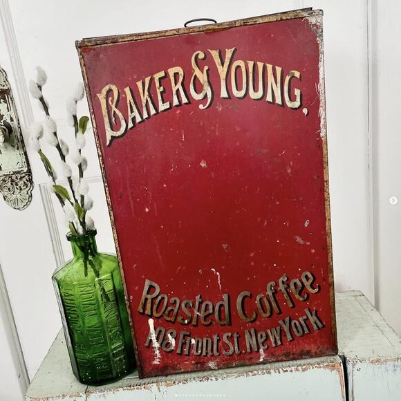 Antique General Store Red Tin Container Baker Young Roasted Coffee NY Hinged Lid